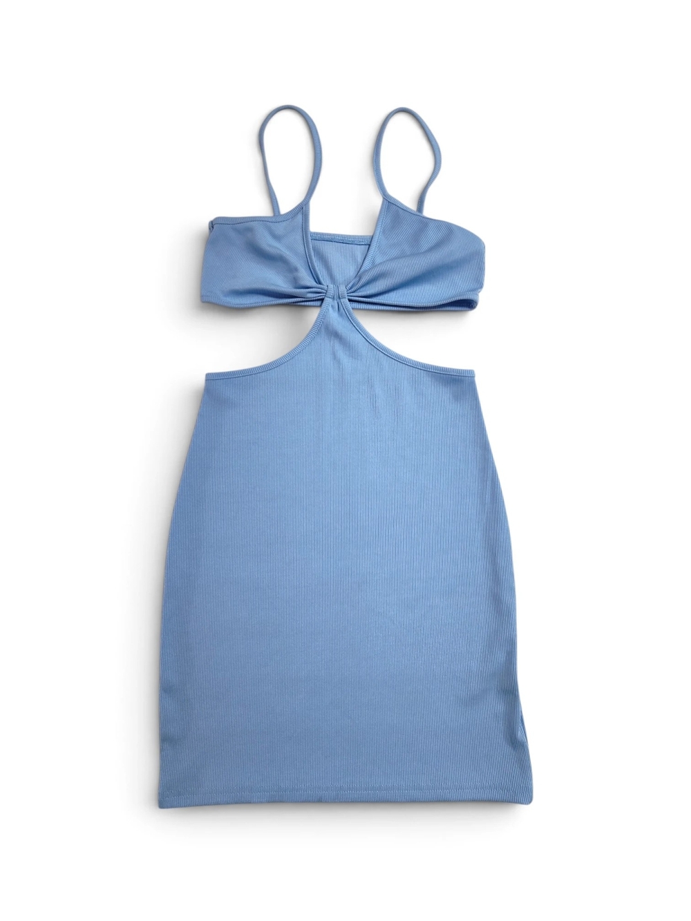 Trendy Baby Blue Rib-Knit Twist Knot Front Cutout Bodycon Dress Size 4 - Shein